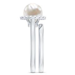 Real Freshwater Pearl Halo Wedding Ring Set with Plain Band