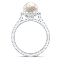 Real Freshwater Pearl Halo Wedding Ring Set with Plain Band