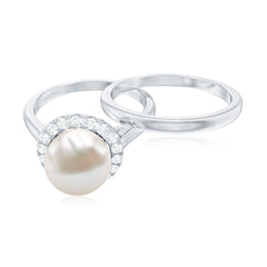 Real Freshwater Pearl Halo Wedding Ring Set with Plain Band