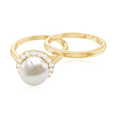 Real Freshwater Pearl Halo Wedding Ring Set with Plain Band