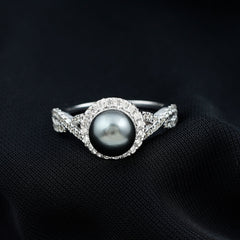 Real Tahitian Pearl and Diamond Crossover Engagement Ring