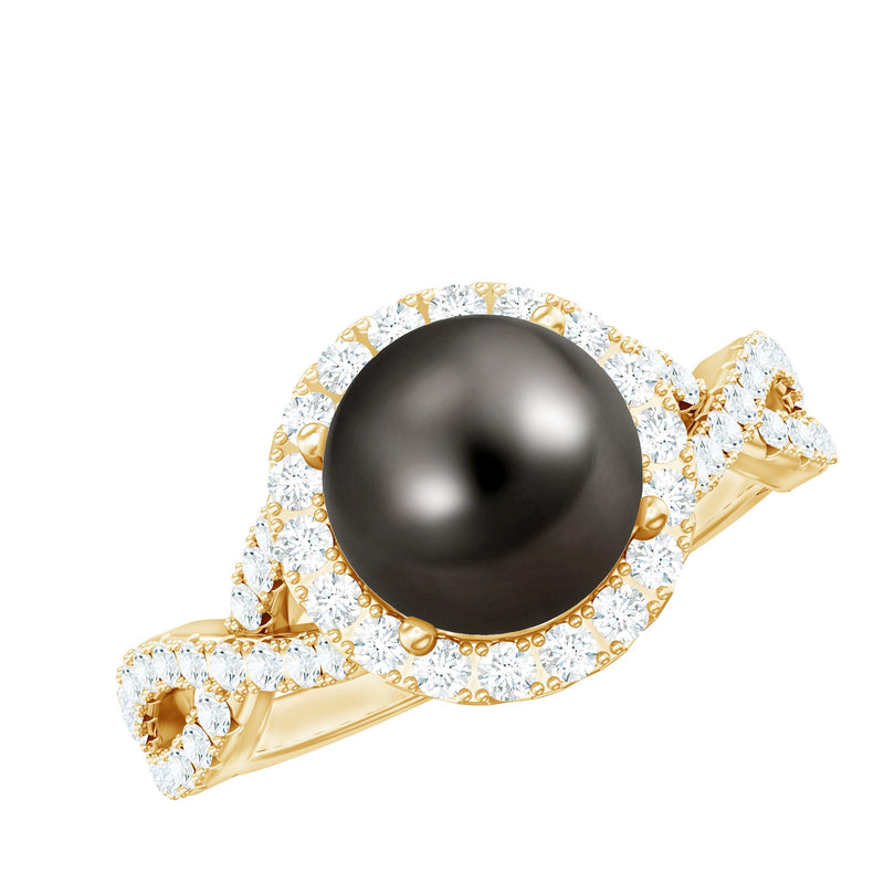 Real Tahitian Pearl and Diamond Crossover Engagement Ring