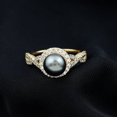 Real Tahitian Pearl and Diamond Crossover Engagement Ring