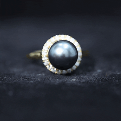 Genuine Tahitian Black Pearl and Diamond Engagement Ring