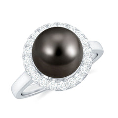 Genuine Tahitian Black Pearl and Diamond Engagement Ring
