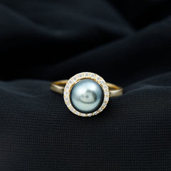 Genuine Tahitian Black Pearl and Diamond Engagement Ring