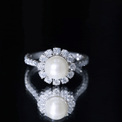 Freshwater Pearl and Moissanite Halo Engagement Ring