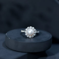 Freshwater Pearl and Moissanite Halo Engagement Ring