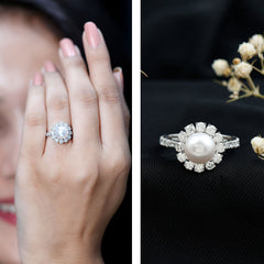 Freshwater Pearl and Moissanite Halo Engagement Ring