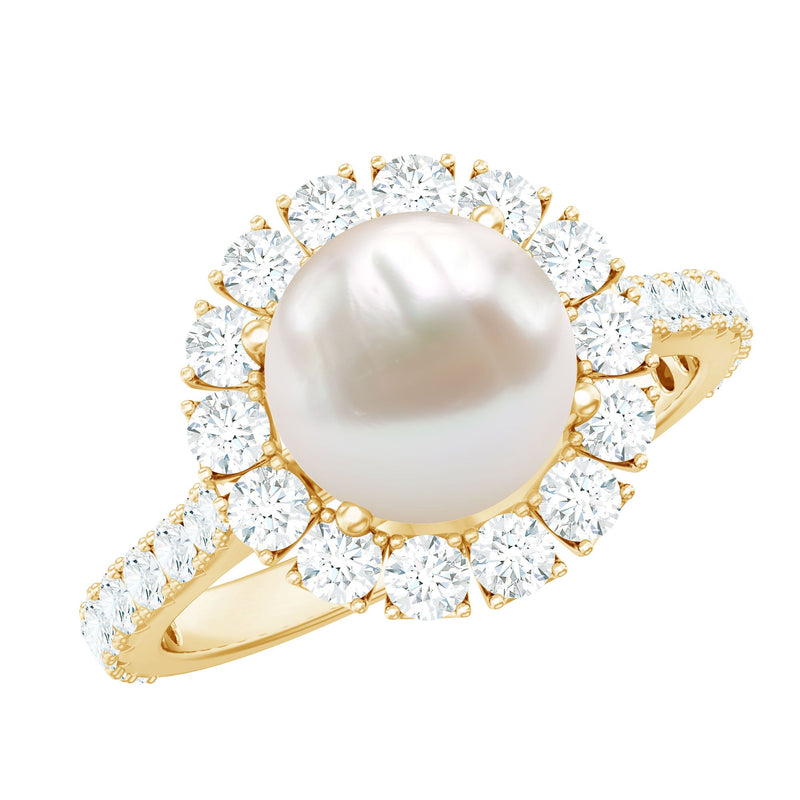 Freshwater Pearl and Moissanite Halo Engagement Ring