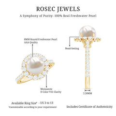 Freshwater Pearl and Moissanite Halo Engagement Ring