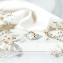 Freshwater Pearl and Moissanite Halo Engagement Ring