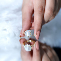 Freshwater Pearl and Moissanite Halo Engagement Ring