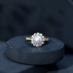 Freshwater Pearl and Moissanite Halo Engagement Ring