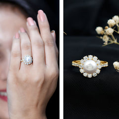 Freshwater Pearl and Moissanite Halo Engagement Ring