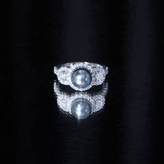 8 MM Round Black Pearl Engagement Ring with Moissanite Accent