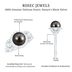 8 MM Round Black Pearl Engagement Ring with Moissanite Accent