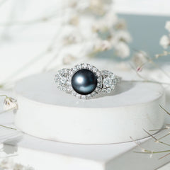 8 MM Round Black Pearl Engagement Ring with Moissanite Accent