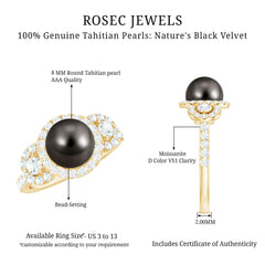 8 MM Round Black Pearl Engagement Ring with Moissanite Accent
