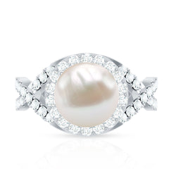 9.25 CT Freshwater Pearl and Moissanite Crossover Engagement Ring