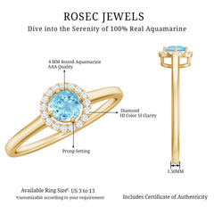 Genuine Aquamarine Promise Ring with Diamond Halo