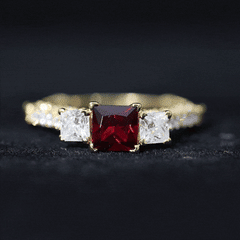 Princess Cut Created Ruby and Moissanite 3 Stone Designer Engagement Ring