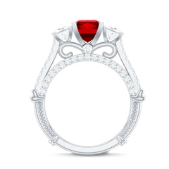 Princess Cut Created Ruby and Moissanite 3 Stone Designer Engagement Ring