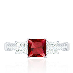 Princess Cut Created Ruby and Moissanite 3 Stone Designer Engagement Ring