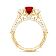 Princess Cut Created Ruby and Moissanite 3 Stone Designer Engagement Ring