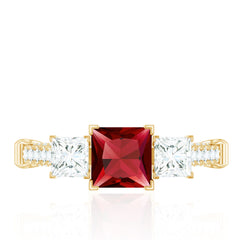 Princess Cut Created Ruby and Moissanite 3 Stone Designer Engagement Ring