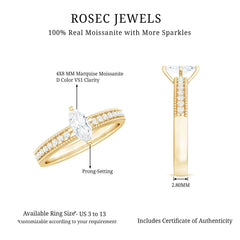 Certified Marquise Cut Moissanite Vintage Solitaire Ring with Side Stones
