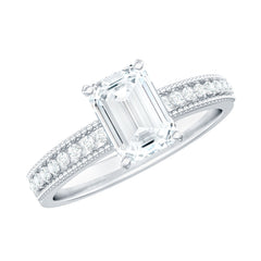 6X8 mm Emerald Cut Moissanite Solitaire Engagement Ring with Beaded Details