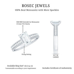 6X8 mm Emerald Cut Moissanite Solitaire Engagement Ring with Beaded Details