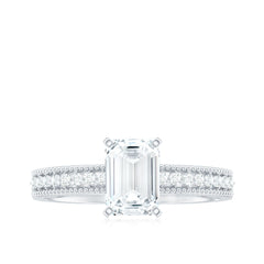 6X8 mm Emerald Cut Moissanite Solitaire Engagement Ring with Beaded Details