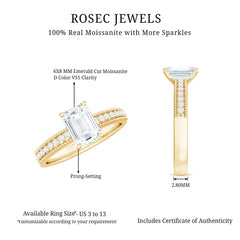6X8 mm Emerald Cut Moissanite Solitaire Engagement Ring with Beaded Details