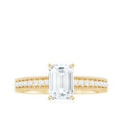 6X8 mm Emerald Cut Moissanite Solitaire Engagement Ring with Beaded Details