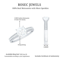 6mm Cushion Cut Moissanite Solitaire Engagement Ring with Beaded Details
