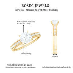 6mm Cushion Cut Moissanite Solitaire Engagement Ring with Beaded Details