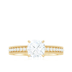 6mm Cushion Cut Moissanite Solitaire Engagement Ring with Beaded Details