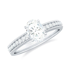 5X7 mm Oval Cut Moissanite Solitaire Beaded Engagement Ring