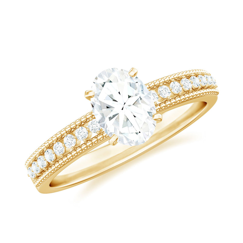 5X7 mm Oval Cut Moissanite Solitaire Beaded Engagement Ring