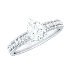 Pear Shaped Moissanite Solitaire Engagement Ring with Beaded Design
