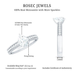 Pear Shaped Moissanite Solitaire Engagement Ring with Beaded Design