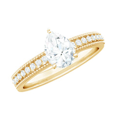 Pear Shaped Moissanite Solitaire Engagement Ring with Beaded Design