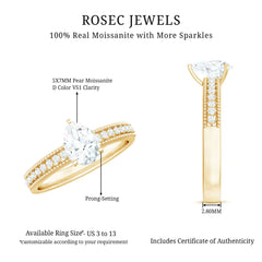 Pear Shaped Moissanite Solitaire Engagement Ring with Beaded Design