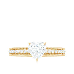 7X7 MM Heart Shape Moissanite Engagement Ring with Side Stones and Beaded Details