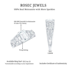 6X8 MM Emerald Cut Moissanite Vintage Inspired Solitaire Ring