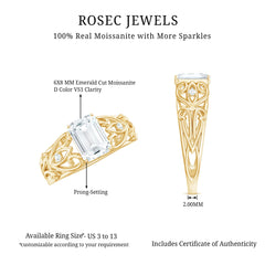 6X8 MM Emerald Cut Moissanite Vintage Inspired Solitaire Ring