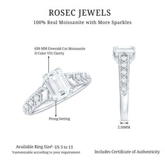 6X8 MM Emerald Cut Moissanite Solitaire Engagement Ring with Side Stones
