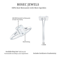 6X8mm Emerald Cut Moissanite Bezel Set Engagement Ring with Split Shank